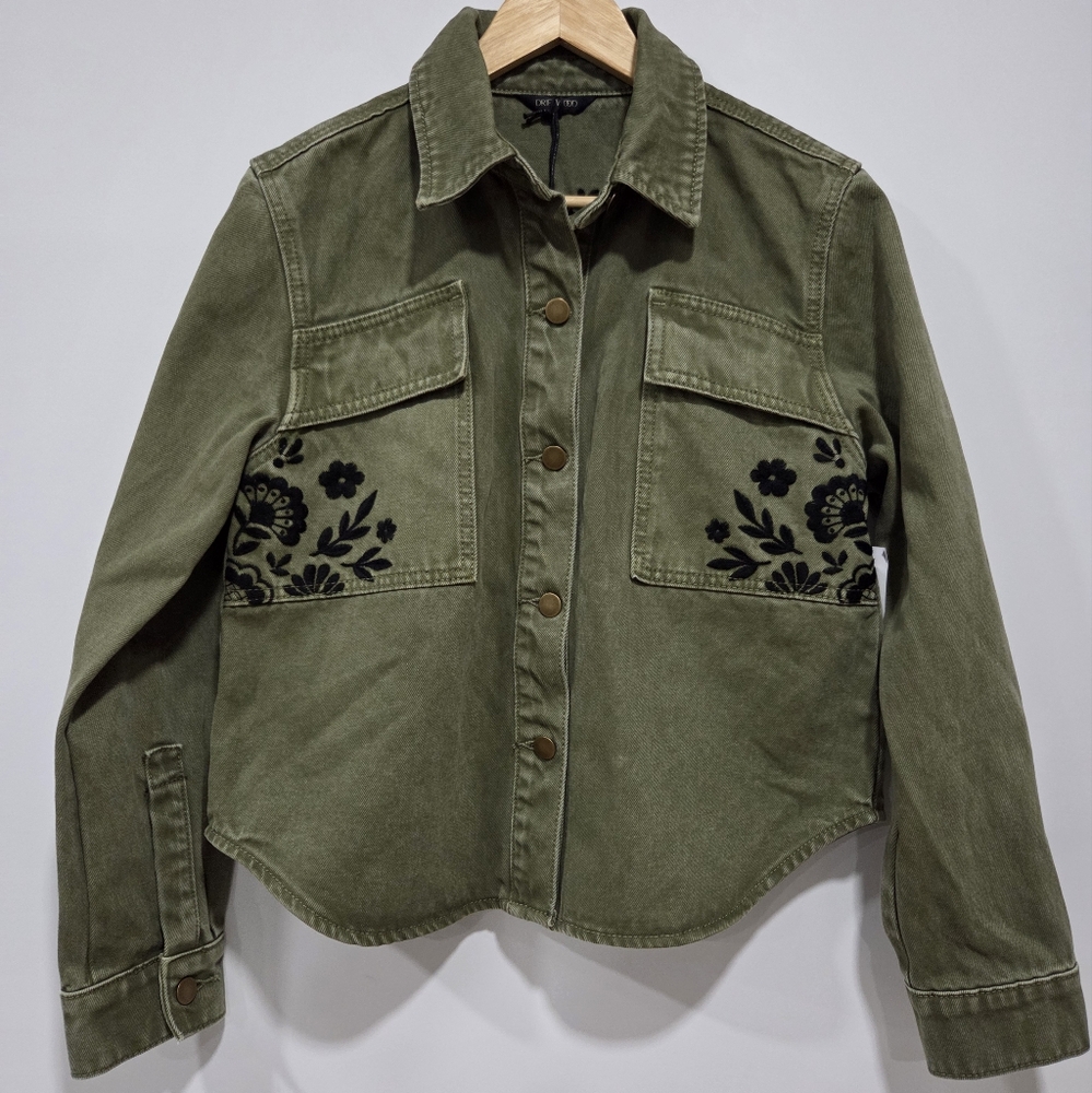 Driftwood Army Green Embroidered Floral Boho Denim Jacket Size XS Boho Chic
